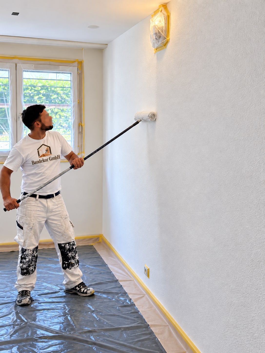 Baudekor-Mitarbeiter streicht eine Innenwand mit der Farbrolle, Fenster und Boden sind sorgfältig abgedeckt